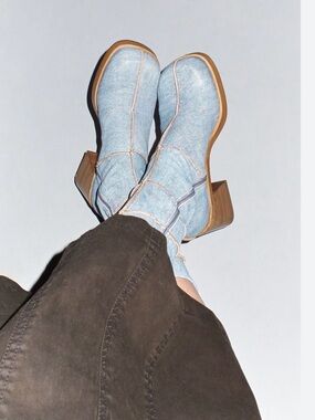 Miista Lois Light Denim Boots with wooden heel